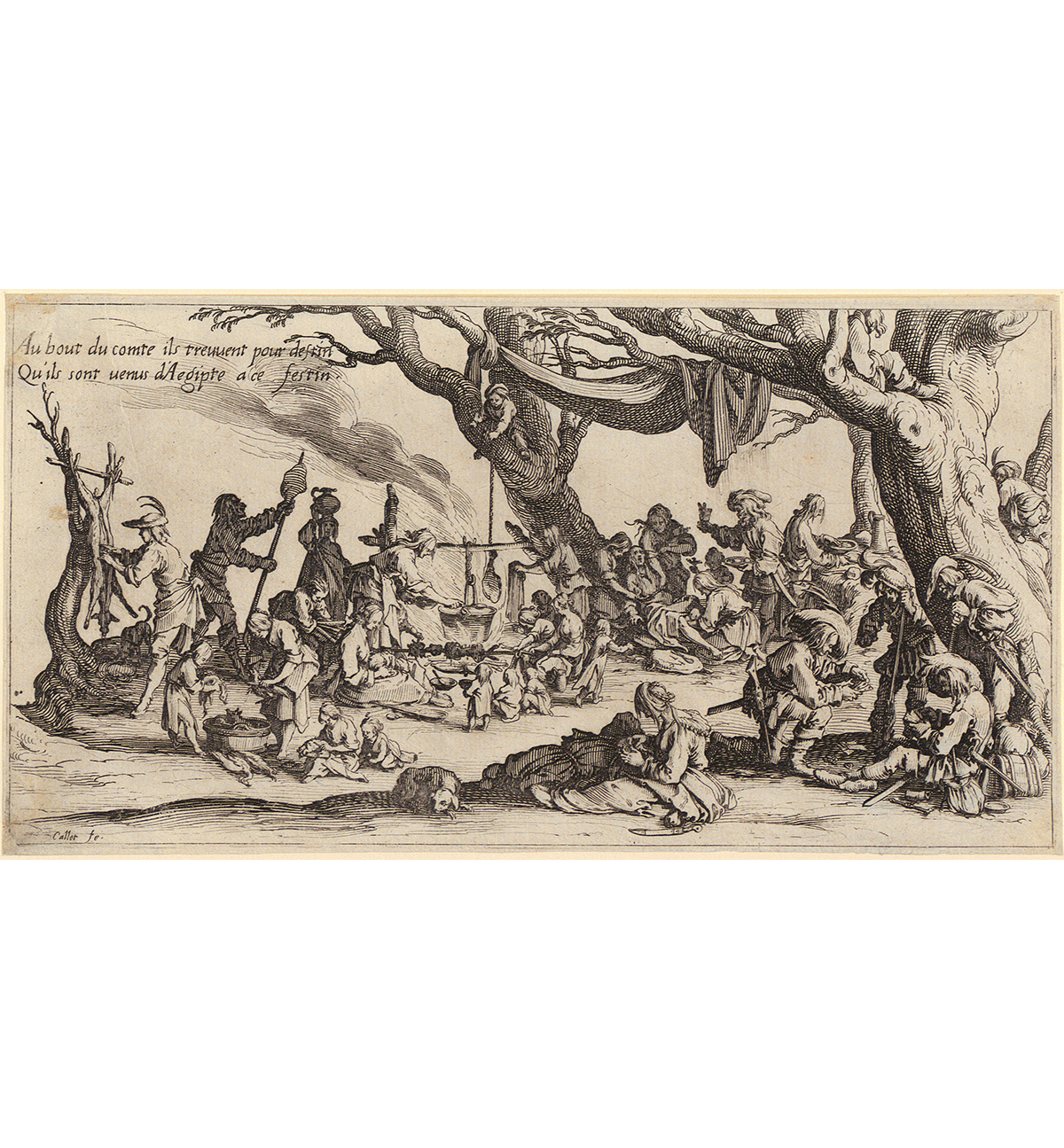 Jacques Callot: Festgelage. Blatt 4 der Folge „Die Bohémiens“, 1623–1624. © ETH-Bibliothek Zürich, Graphische Sammlung / D 12222.4 / Public Domain Mark 1.0 